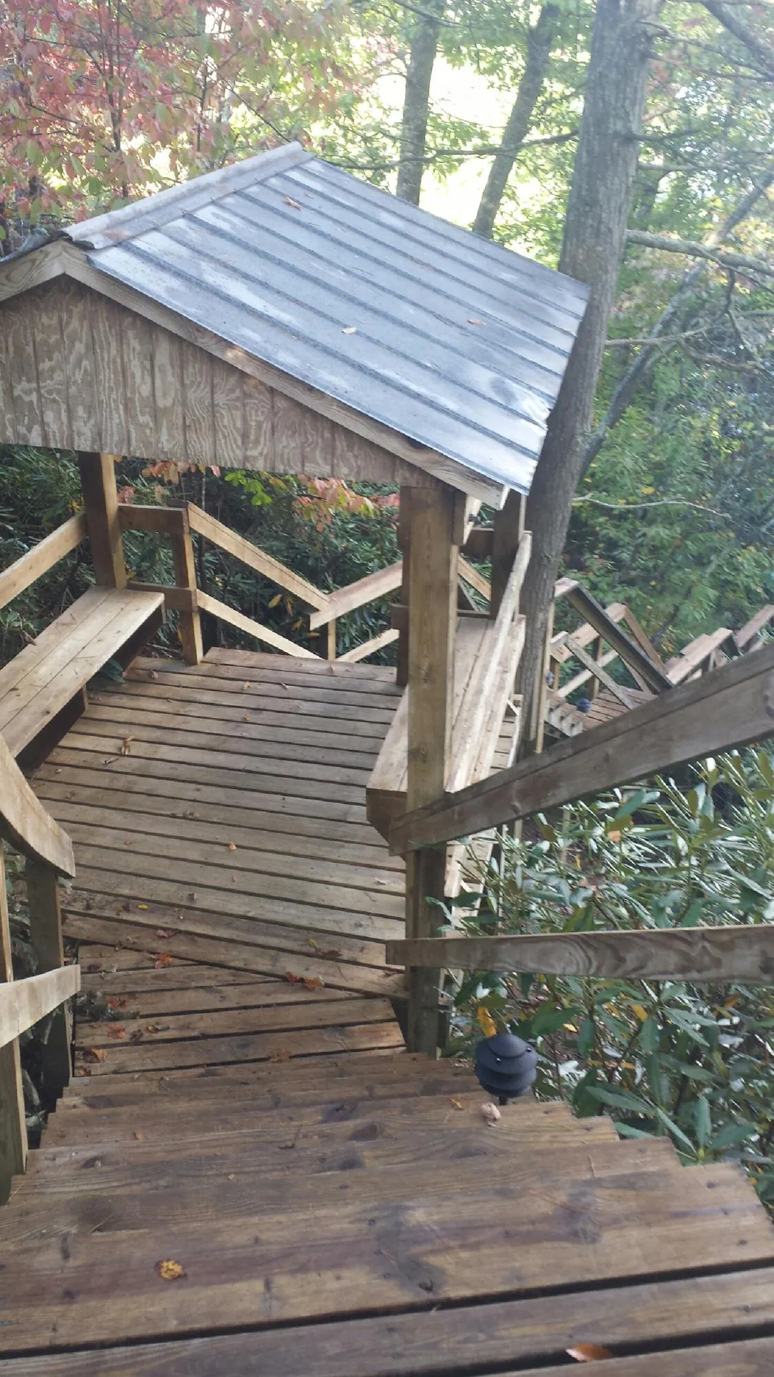 Metal roofed shelter over wooden steps on a wooded walkway — Skylight Repair & Installation work by our crew in Mallory